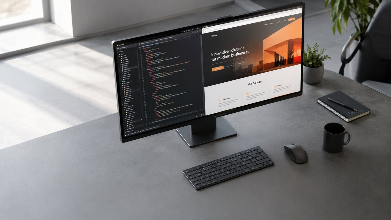 Pantalla mostrando código y el diseño de un sitio web en desarrollo