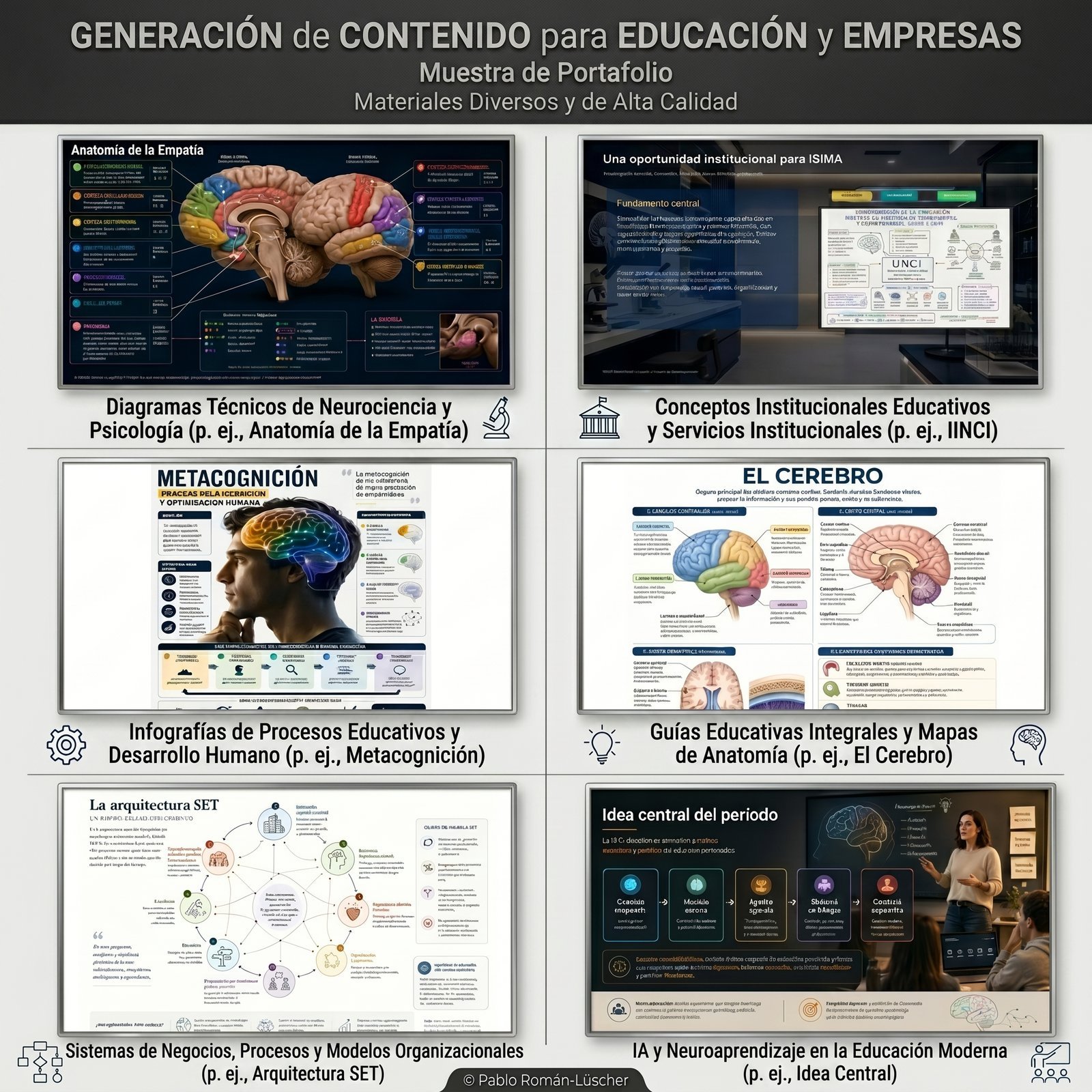 Muestra de portafolio: infografías, diagramas técnicos y materiales educativos y empresariales