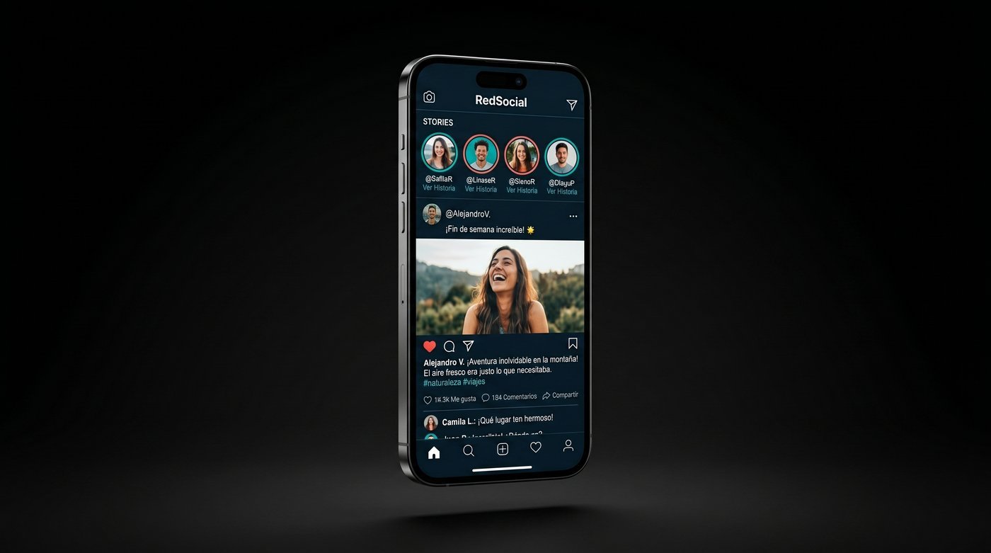 Celular flotando con un feed de red social y publicaciones